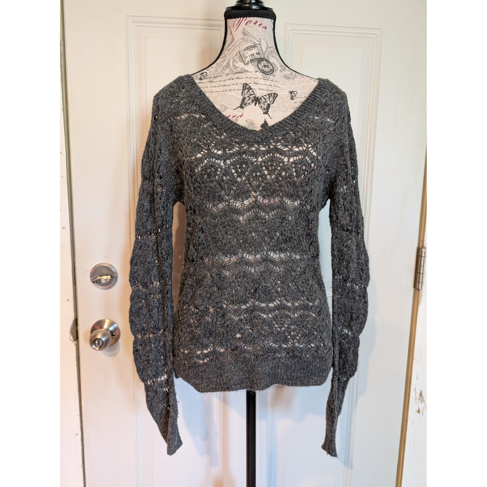 Aeropostale Gray Open Soft Knit Scallop Crochet Sweater Fall Women's Medium